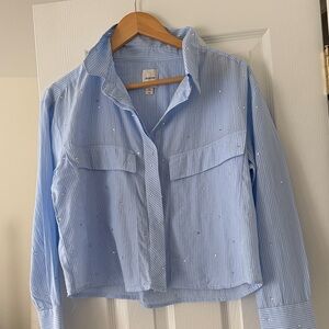 Maeve Cropped Blue Striped Embellished Shirt